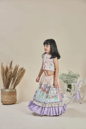 Peach and Mint Frilled Lehenga with Tropical Print Blouse and Potli Bag Set for Girls