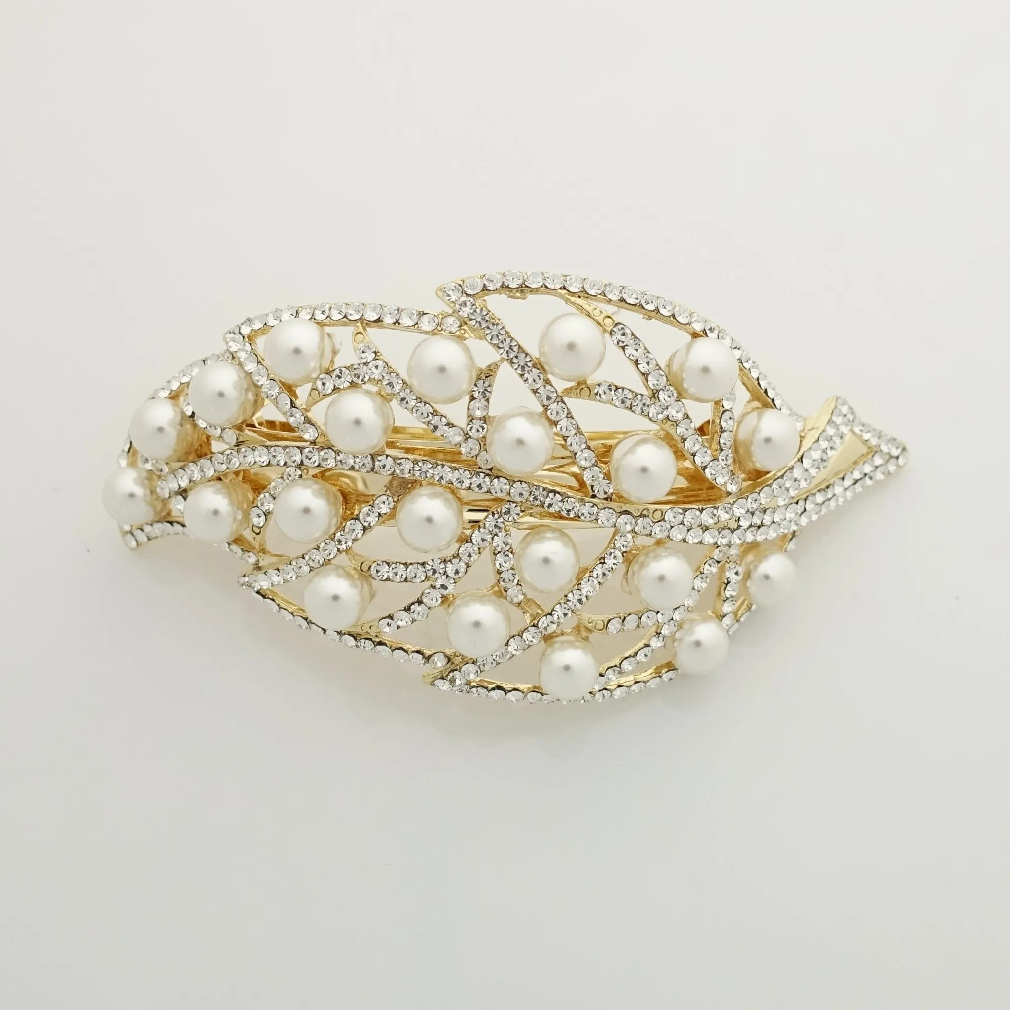 pearl rhinestone decorated leaf wave bow french barrette