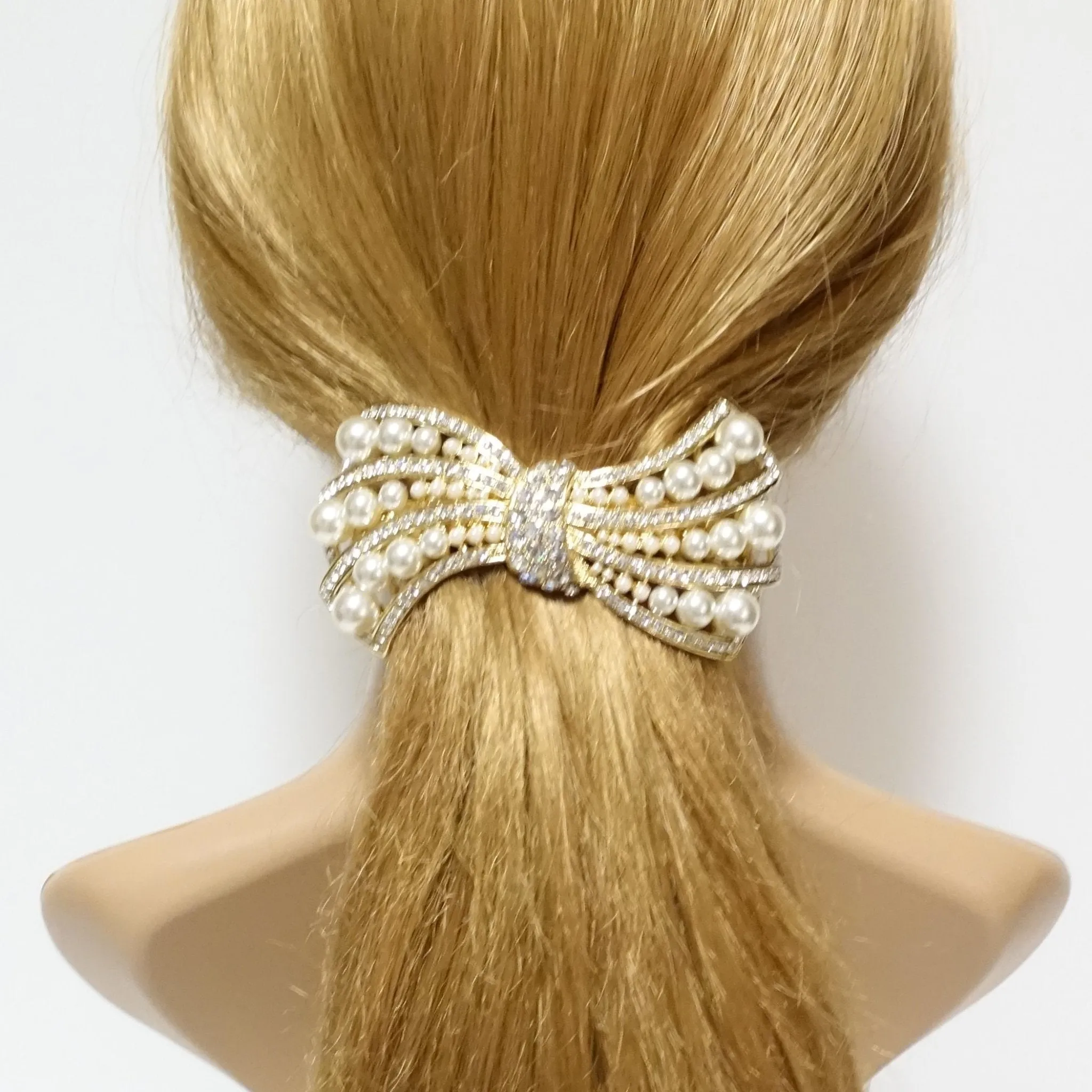 pearl rhinestone decorated leaf wave bow french barrette