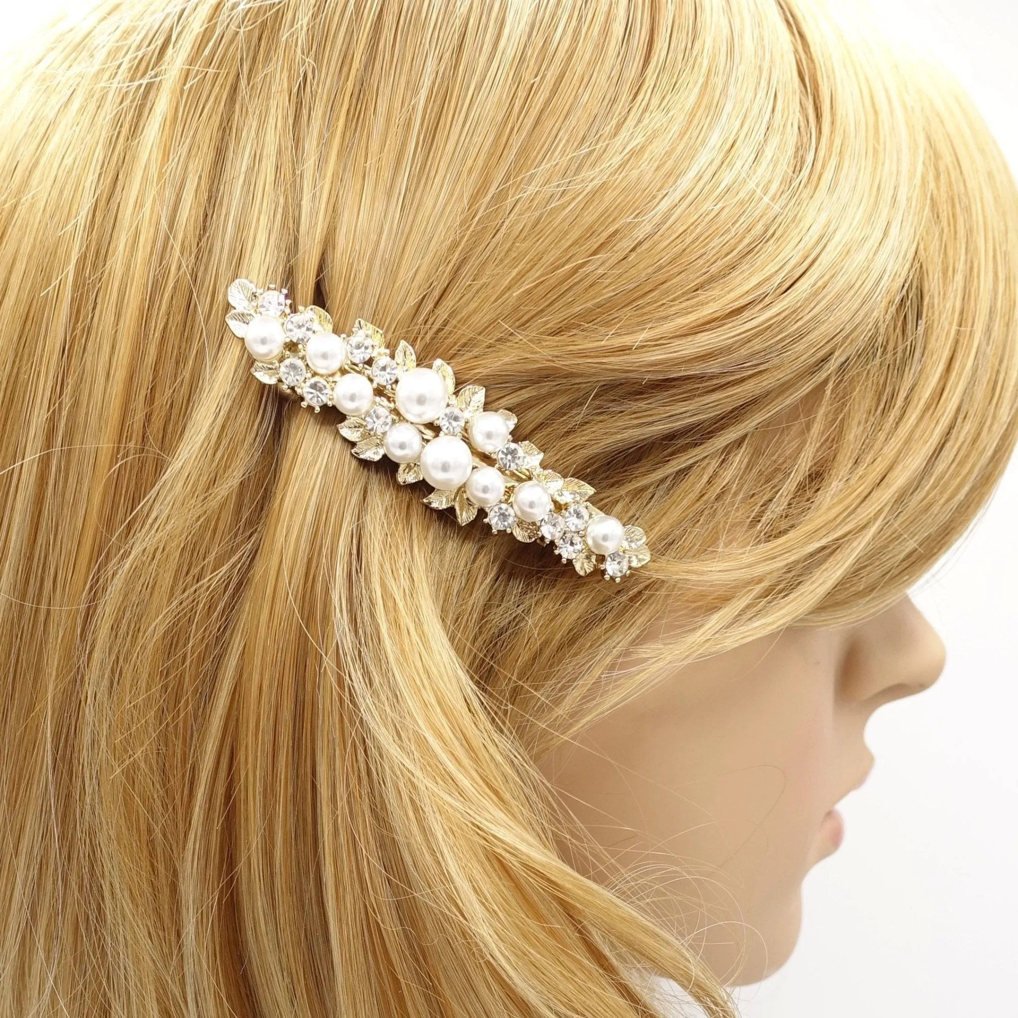 pearl rhinestone embellished stem half french barrette women hair accessory