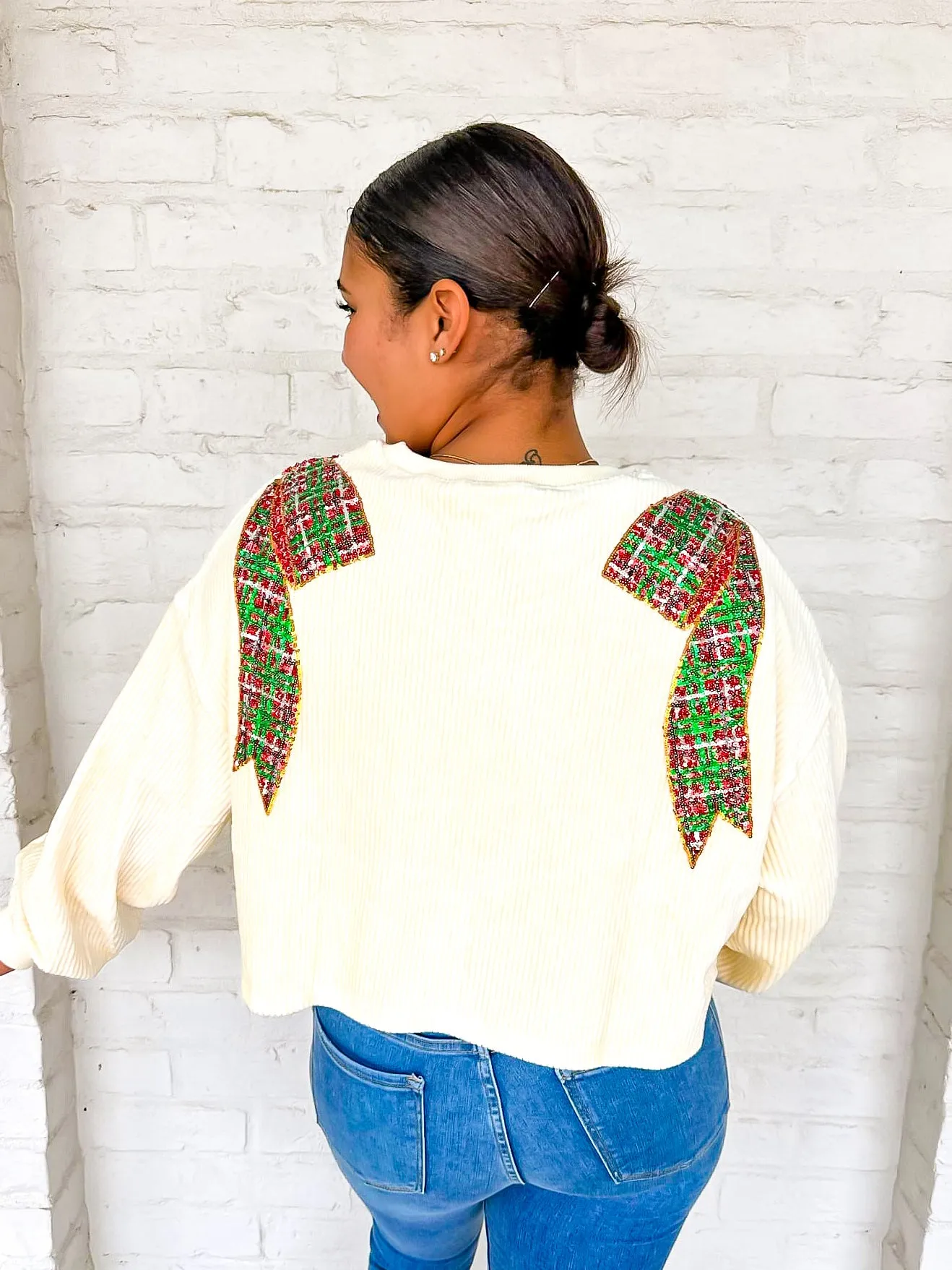 Queen Of Cream Corduroy Sequin Shoulder Bow Sweater