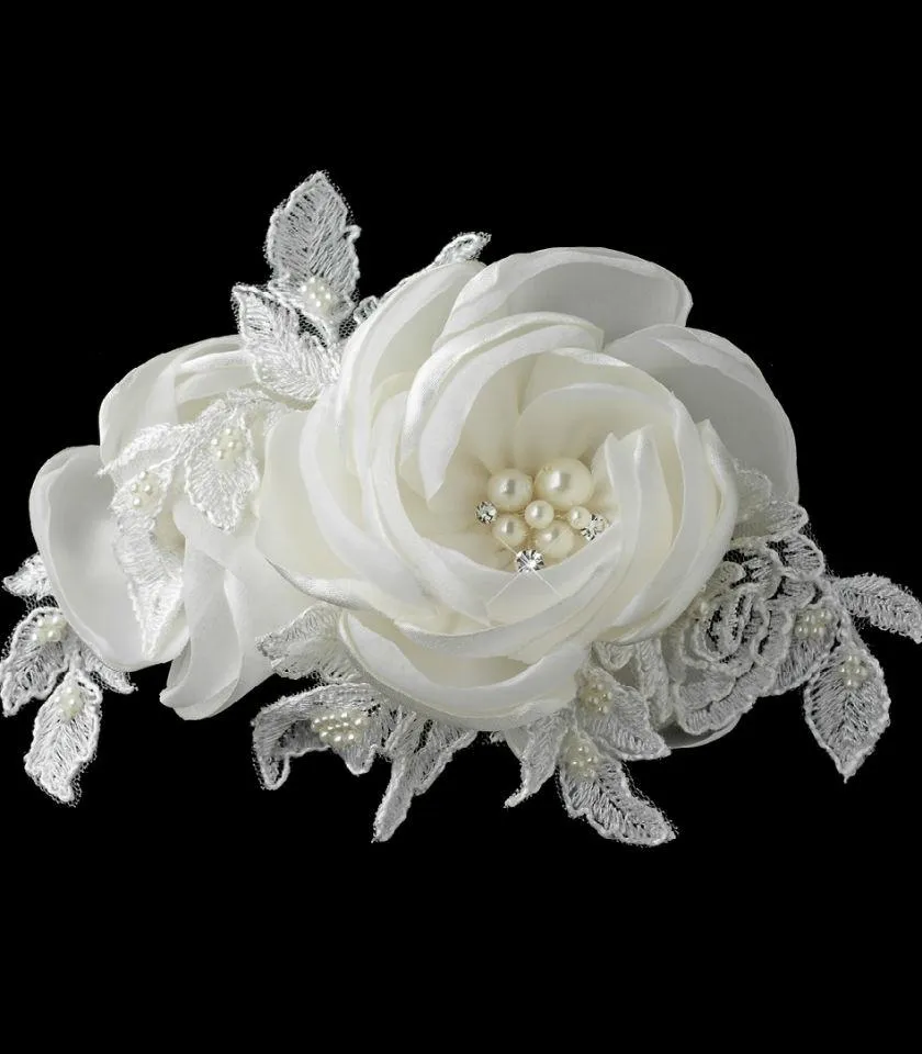 Satin Lace, Silk Roses, Pearls and Crystal Accents Hair Clip