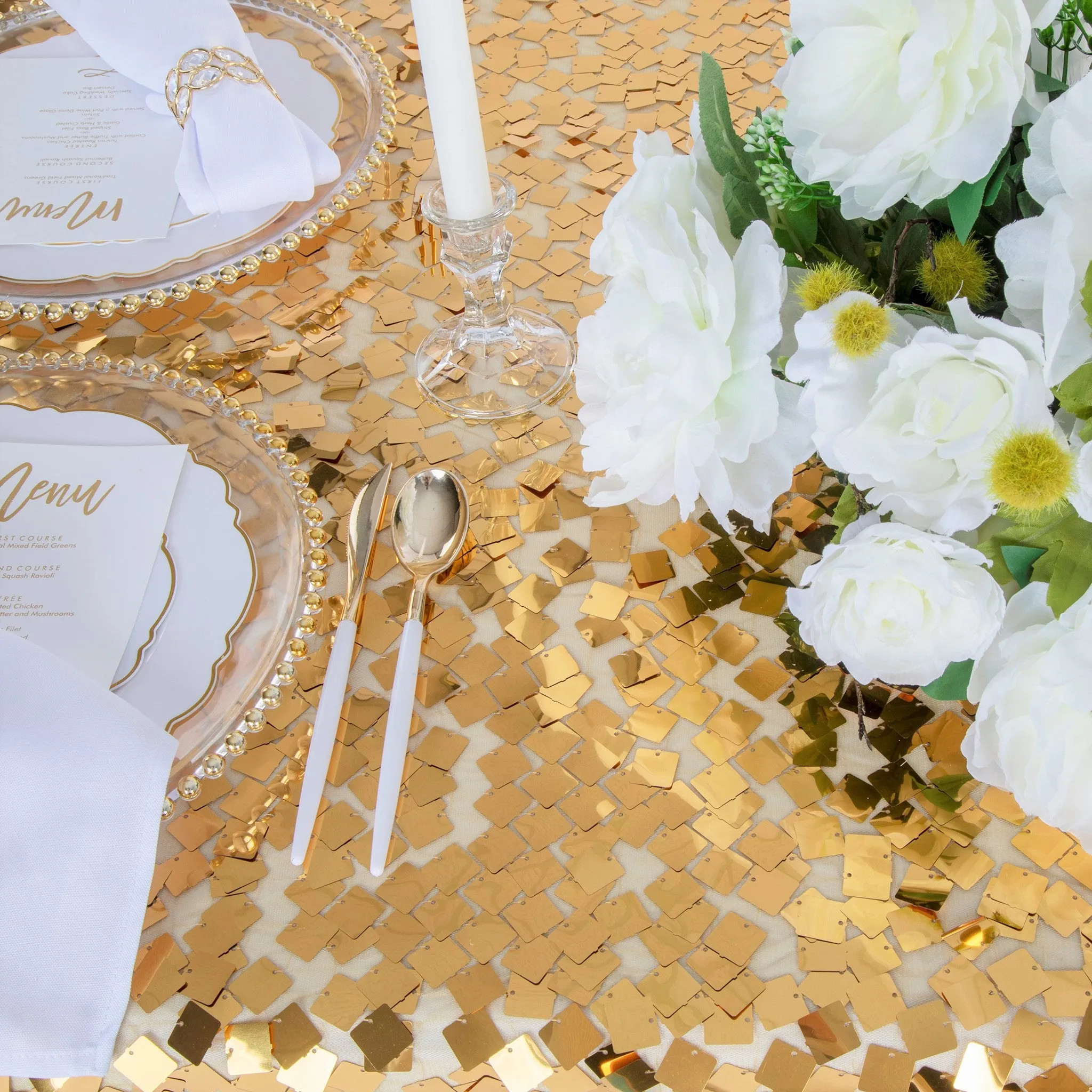 Square Payette Sequin Tablecloth 90"x156" Rectangular - Gold