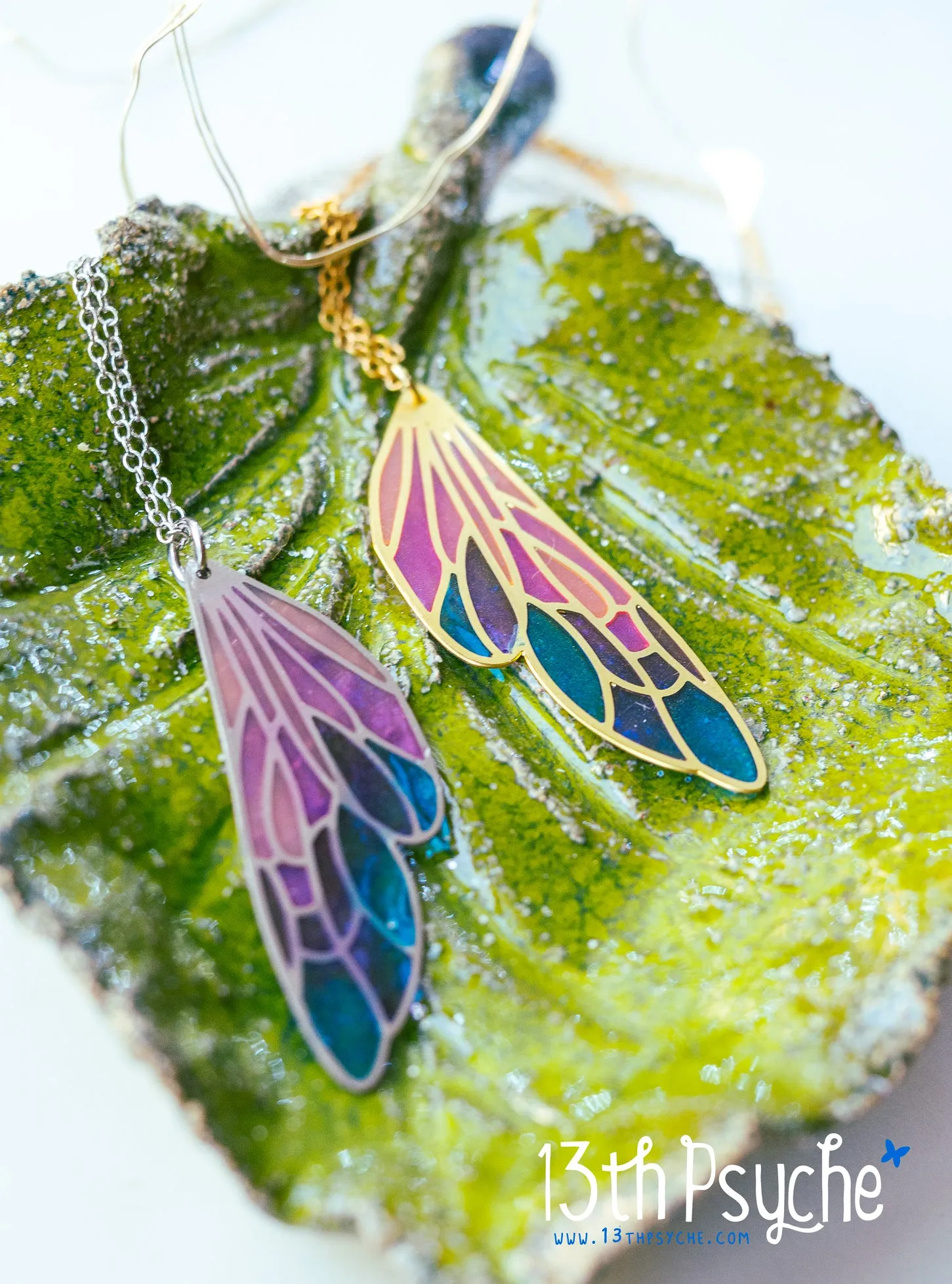 Stained glass inspired fairy wing pendant necklace