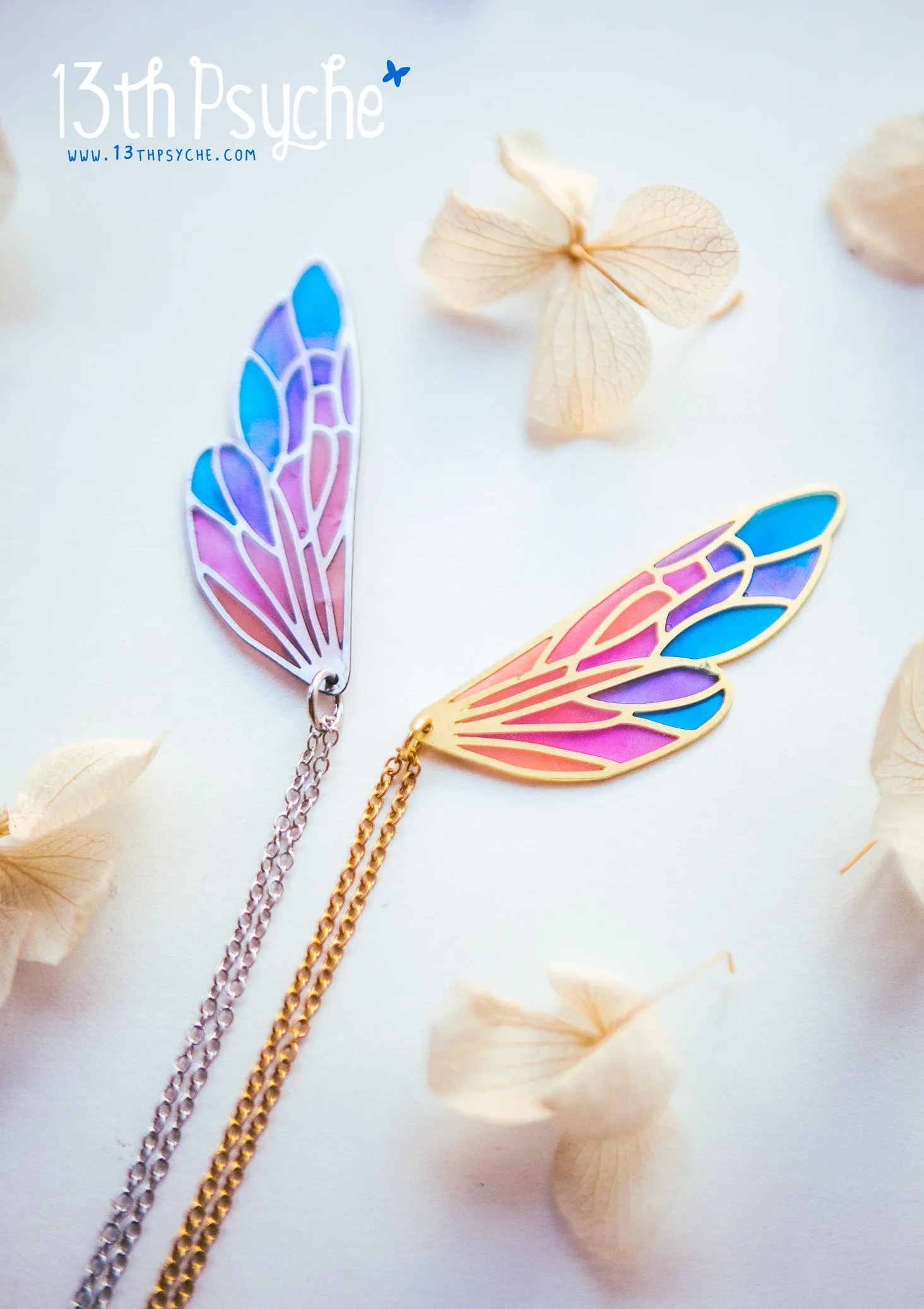 Stained glass inspired fairy wing pendant necklace