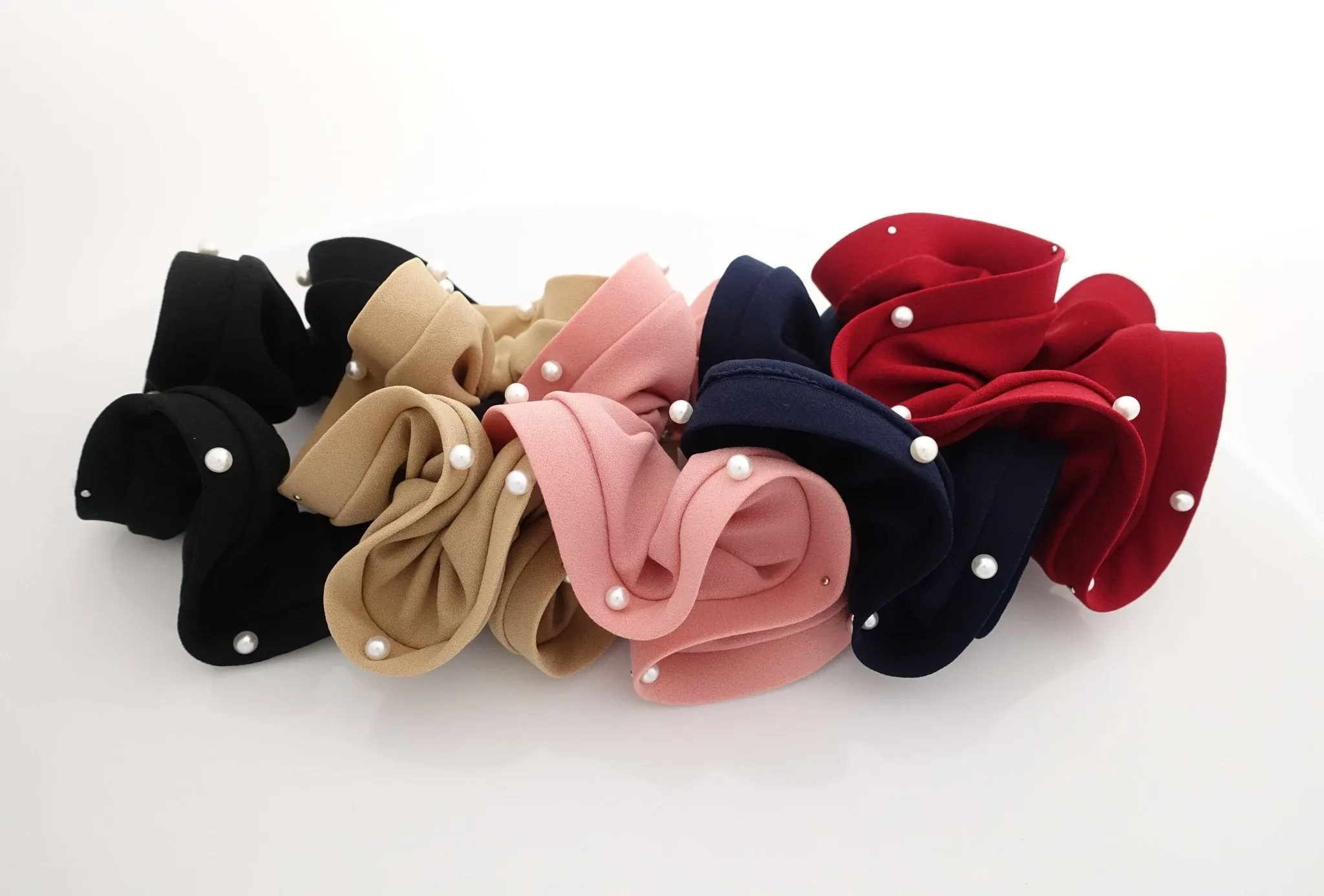 trim pearl stud decorated chiffon scrunchy solid hair elastic scrunchies