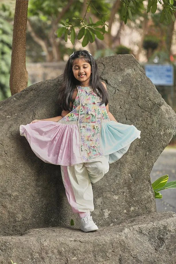 Tropical Print A-line Kurta with Frills and Off-White Salwar Set for Girls