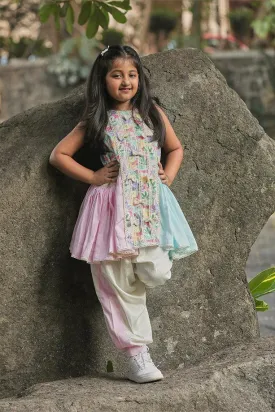 Tropical Print A-line Kurta with Frills and Off-White Salwar Set for Girls