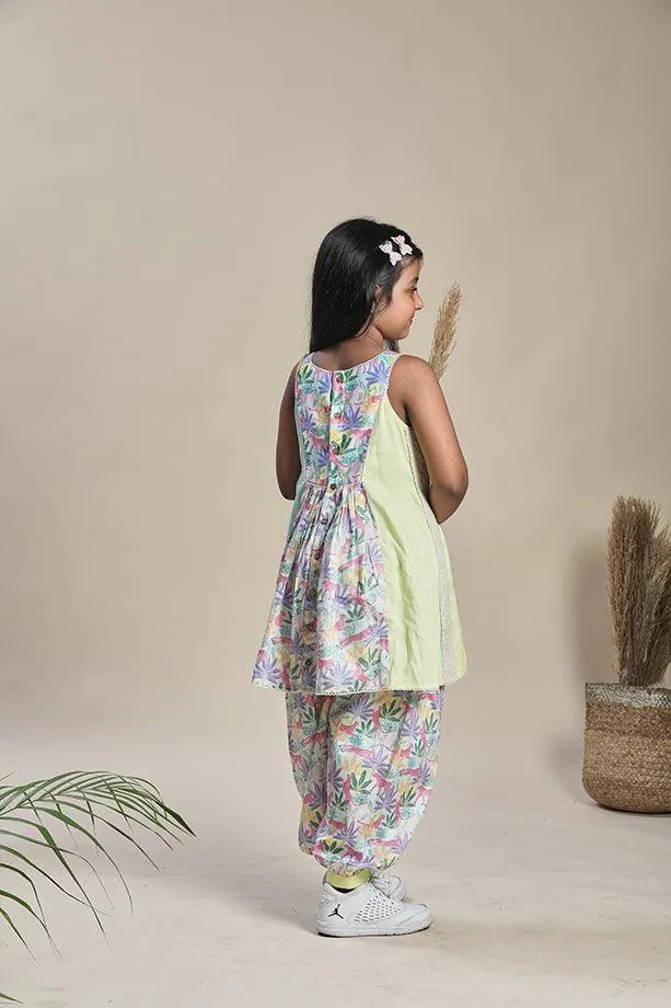 Tropical Print Kurta with Yoke and Tropical Print Salwar Set for Girls