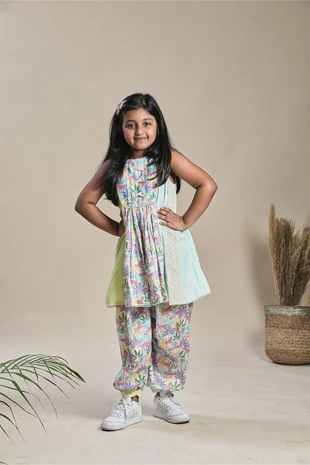 Tropical Print Kurta with Yoke and Tropical Print Salwar Set for Girls