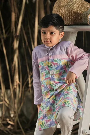 Tropical Print Long Kurta and Off-White Pants Set for Boys