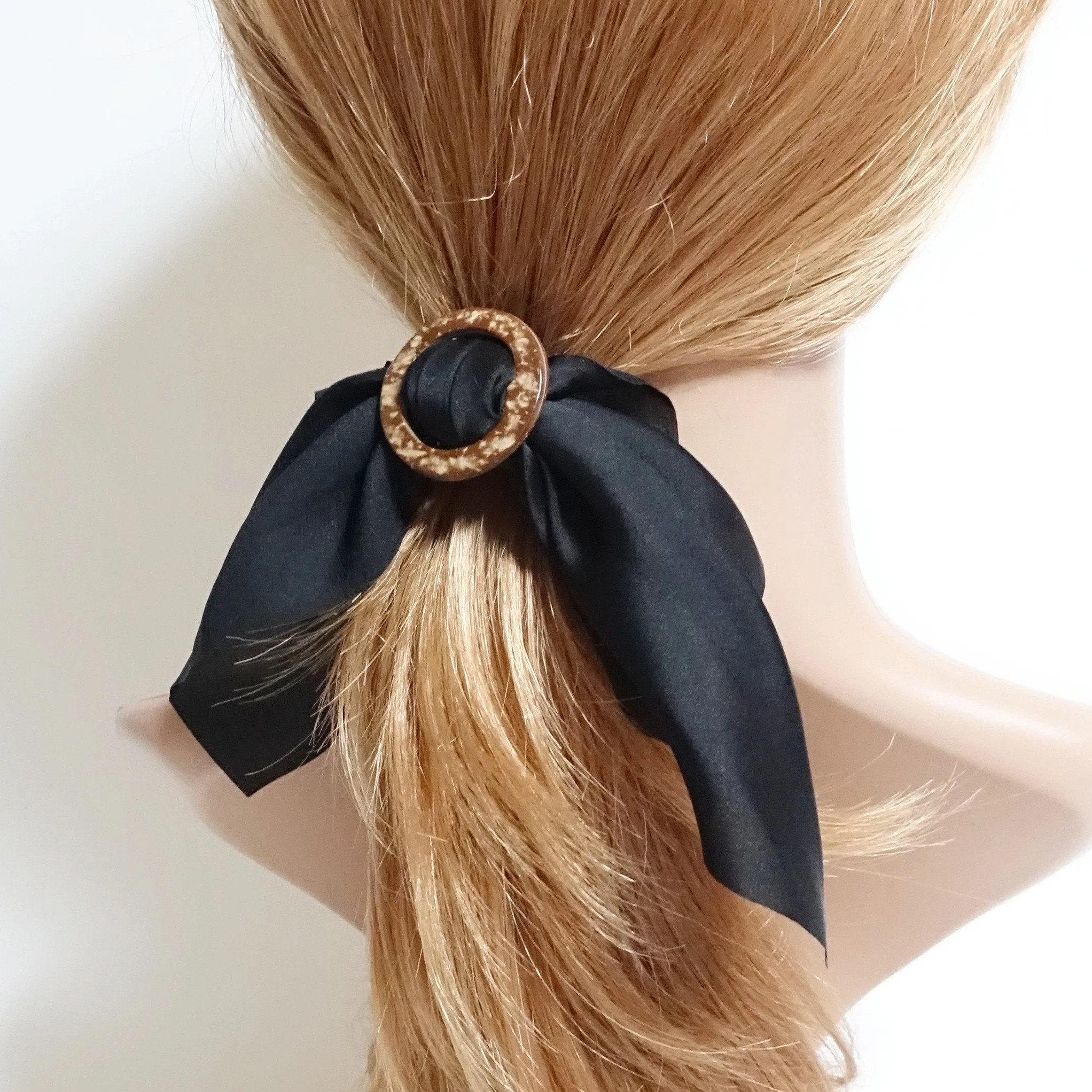 Wood Buckle Decorated Satin Wing Bow Hair Elastics Ponytail Holder